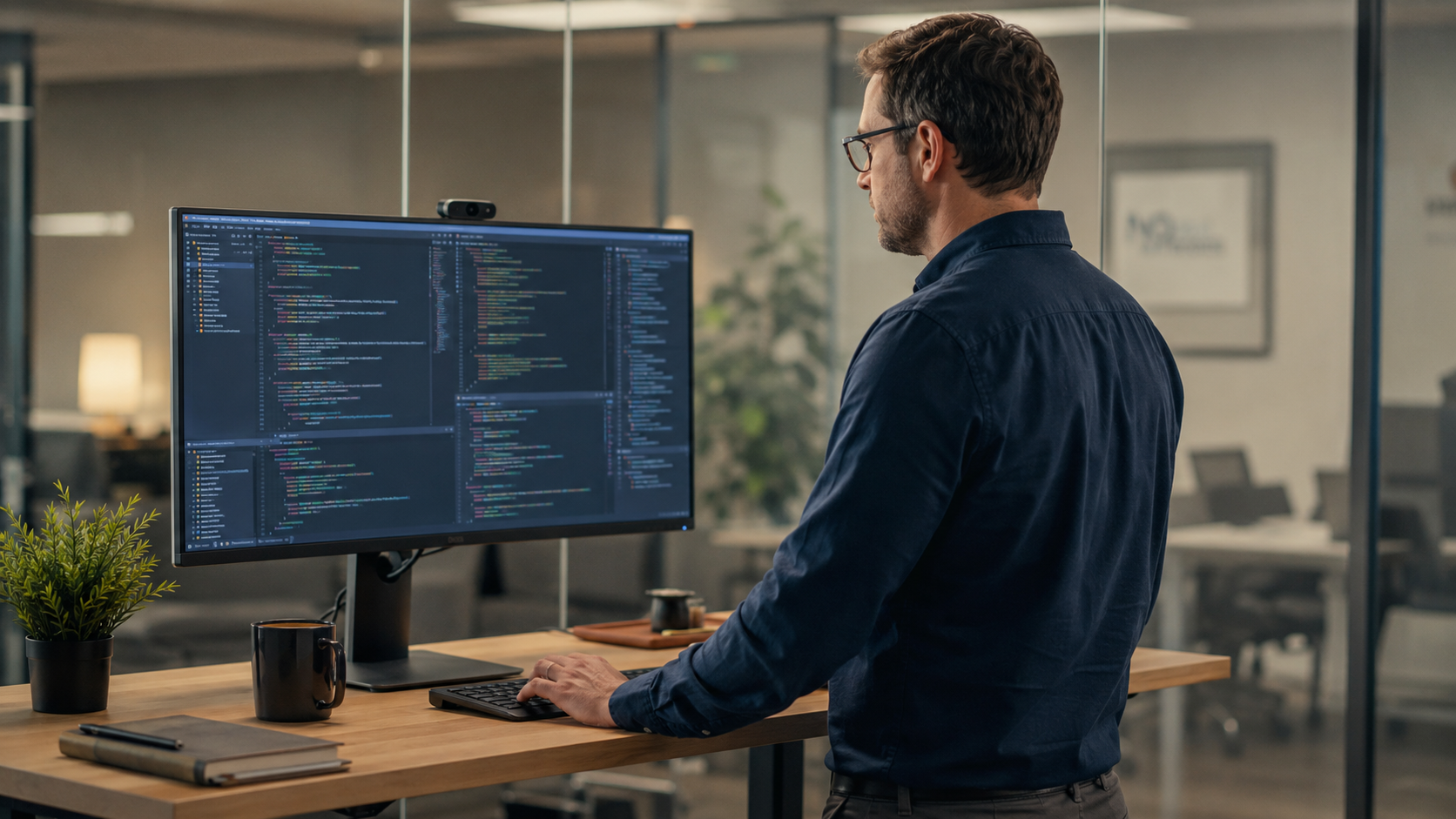 Software engineer reviewing code at a standing desk