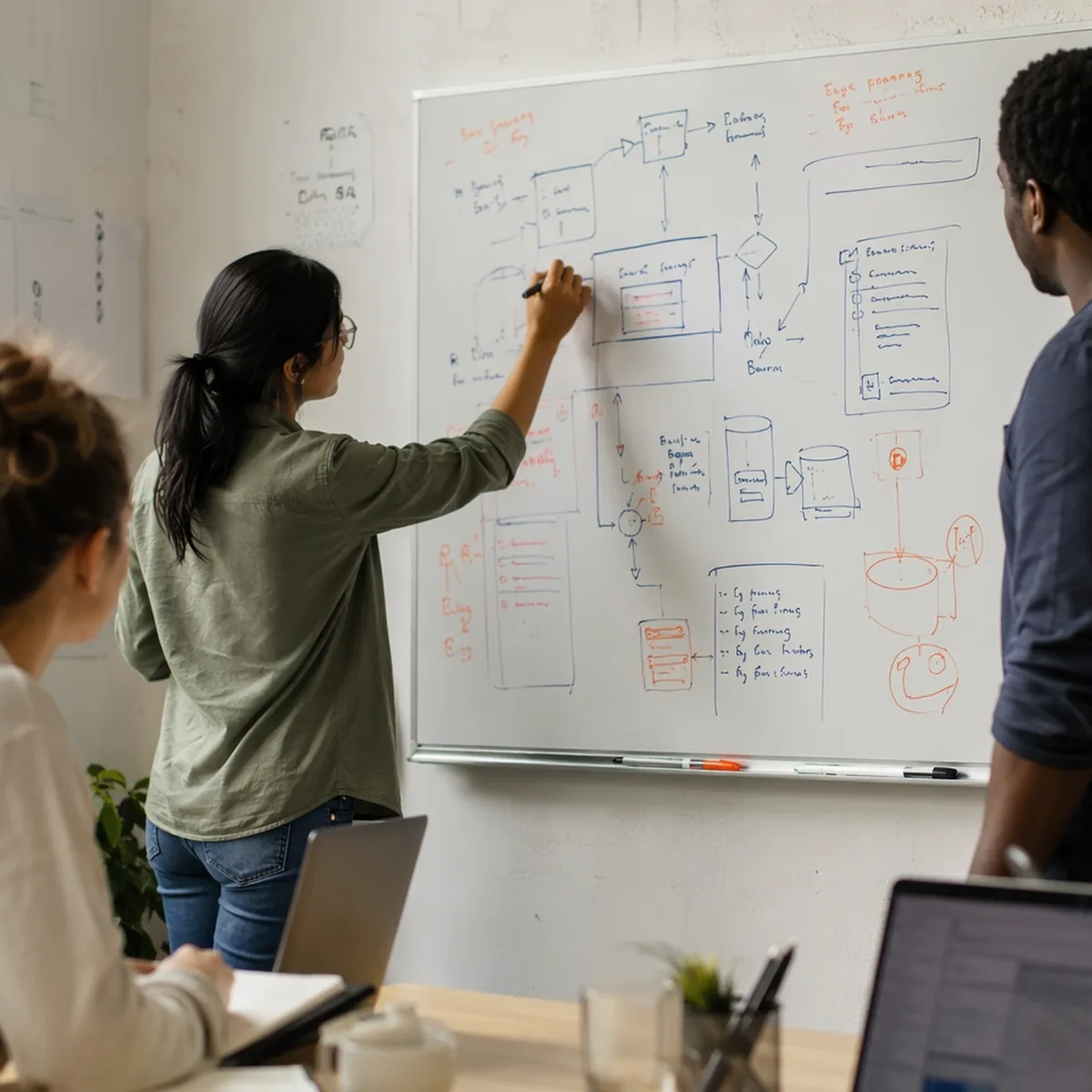 Cosairus team working through a system design at a whiteboard
