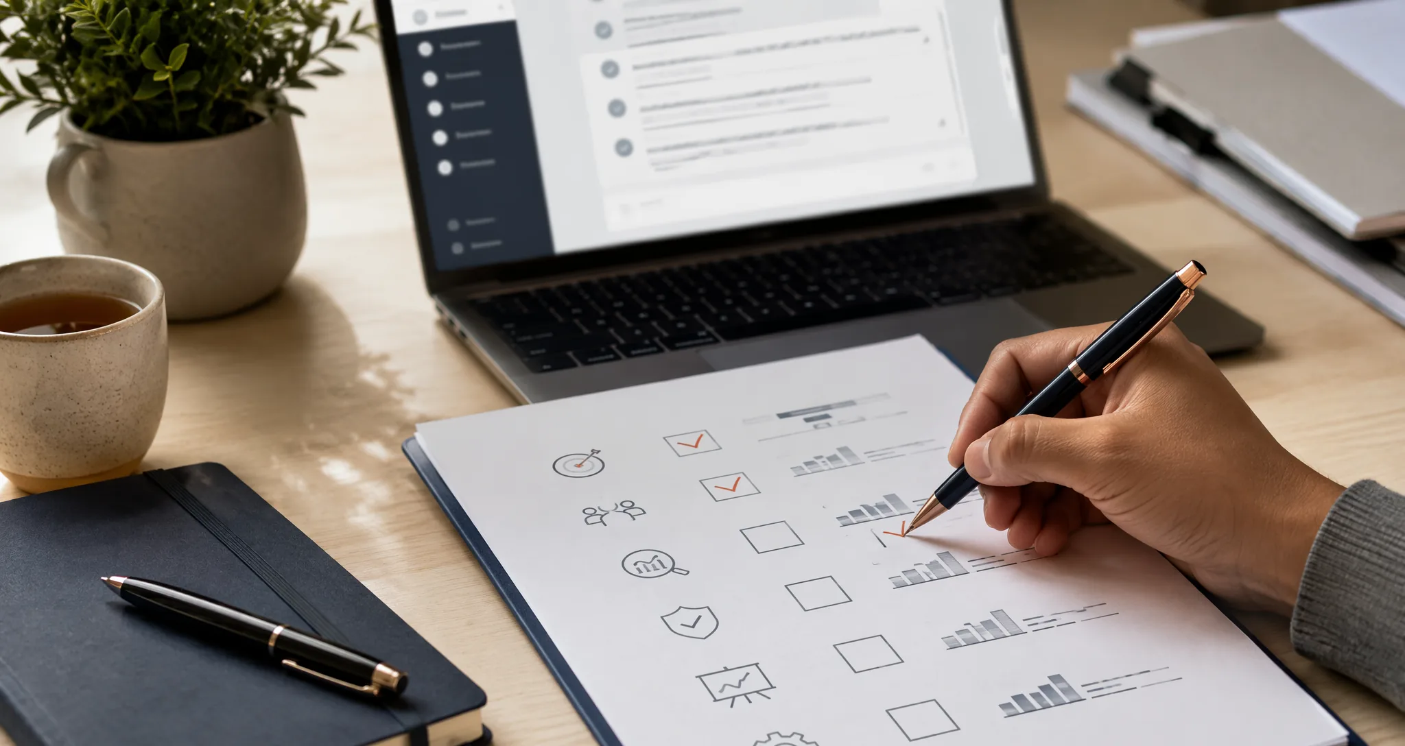 Reviewer signing off an AI evaluation checklist