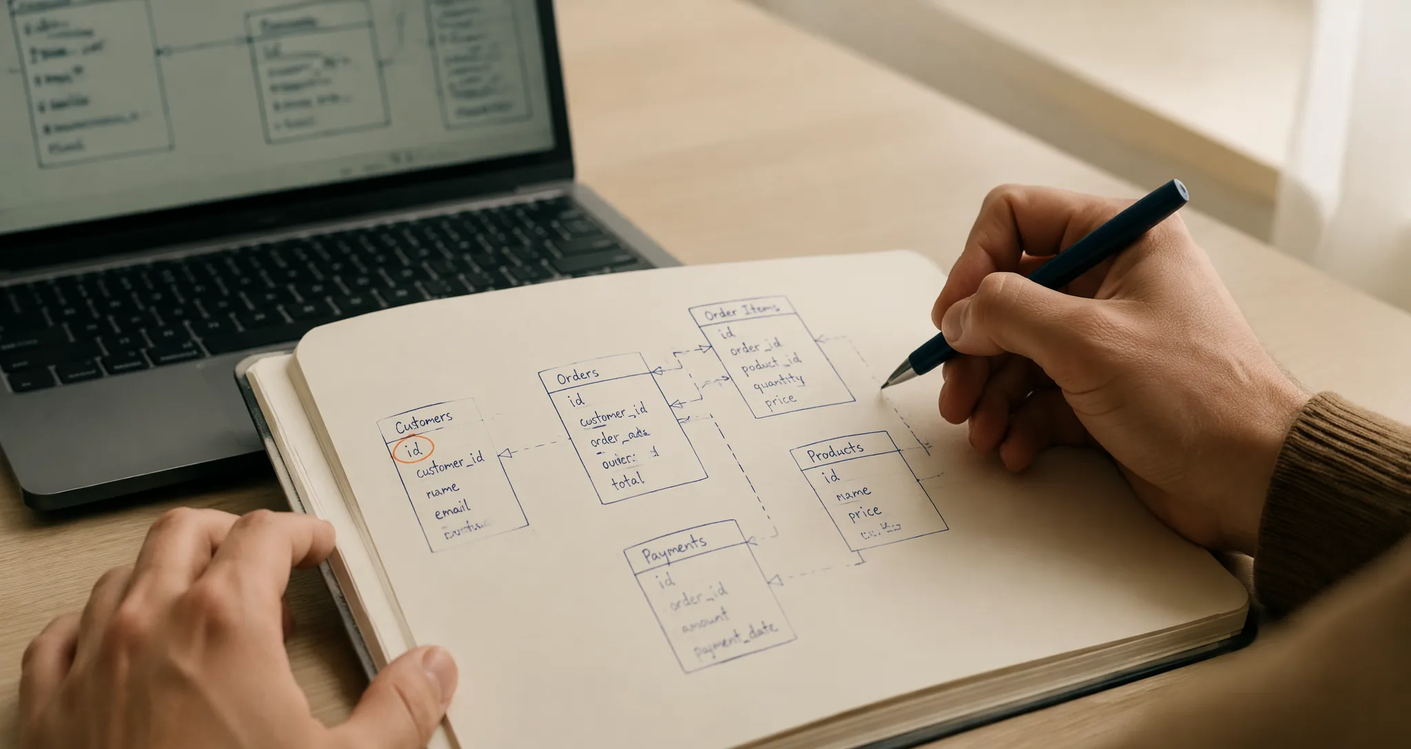 Engineer drawing an entity relationship diagram