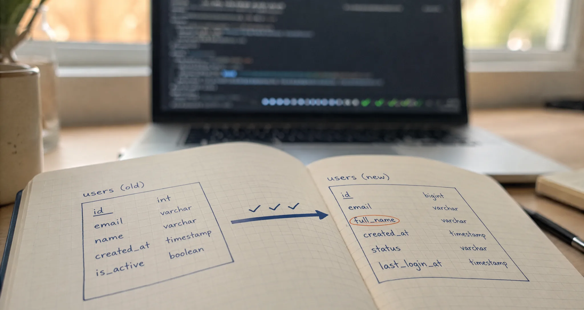 Notebook sketch mapping an existing database schema to a new one