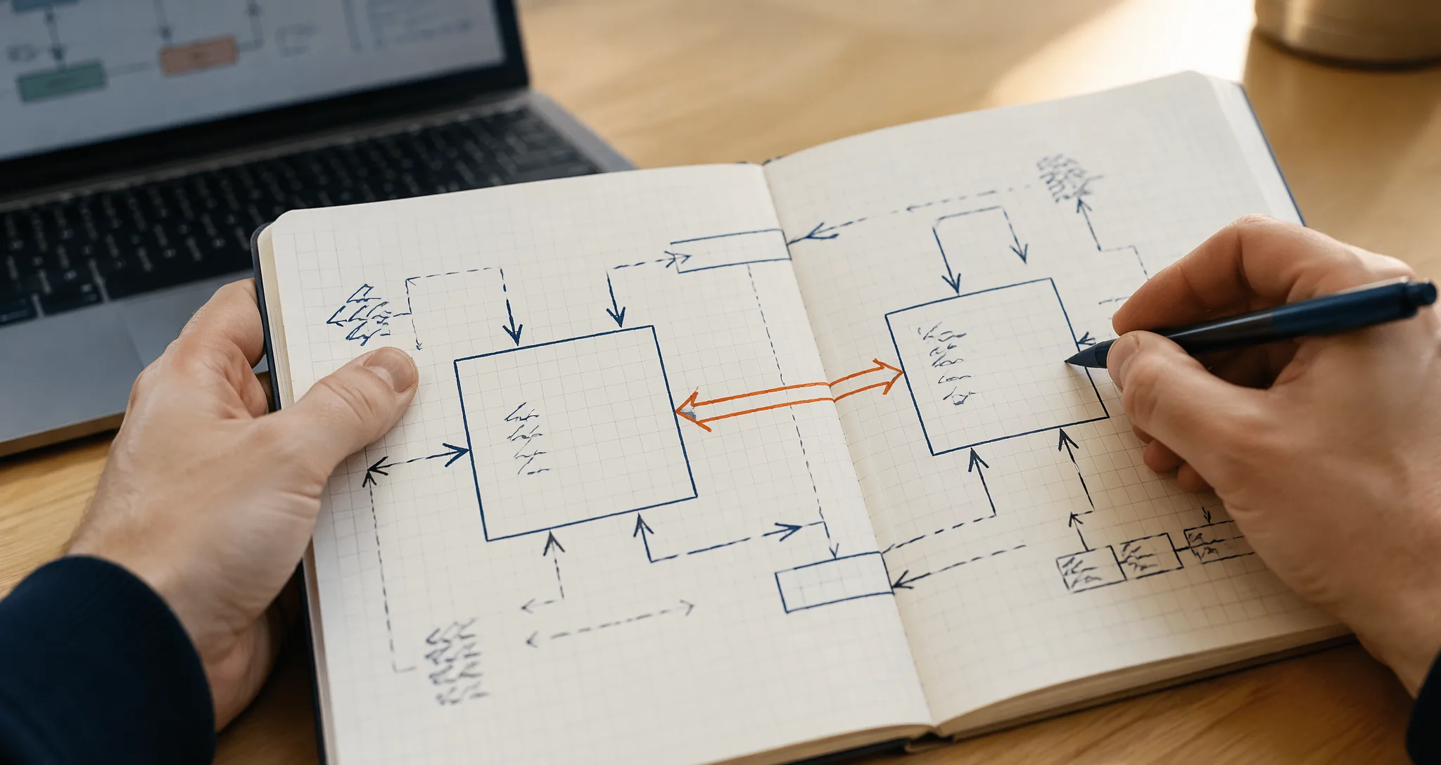 Engineer sketching an integration map between business systems